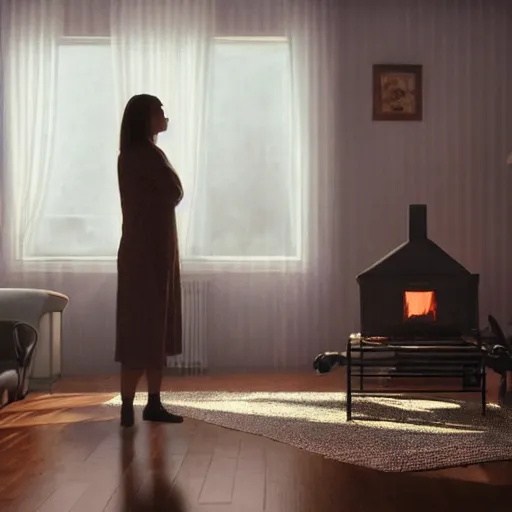 Image similar to a woman standing in a living room next to a fire, concept art by gregory crewdson, reddit contest winner, video art, movie still, colorized, playstation 5 screenshot