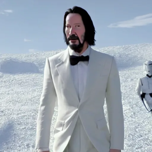 Prompt: A still of Keanu Reeves as President Snow in The Hunger Games (2012), white suit, white hair and beard