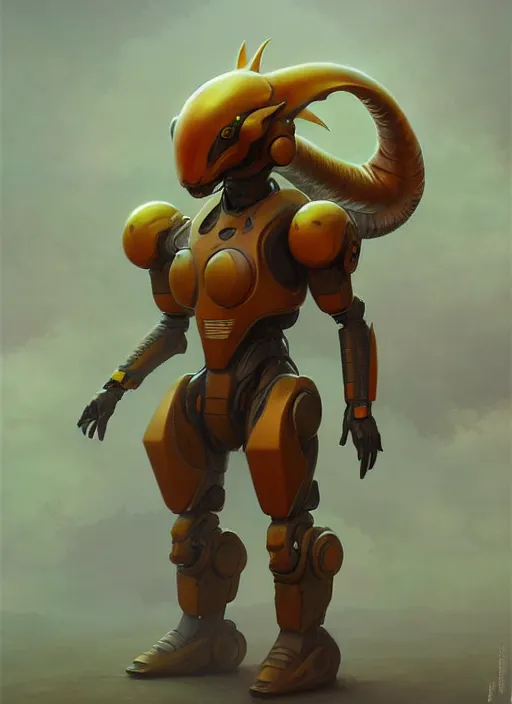 Prompt: dragonite themed mech suit, diffuse lighting, fantasy, highly detailed, photorealistic, digital painting, artstation, illustration, concept art, smooth, sharp focus, in the style of tom bagshaw