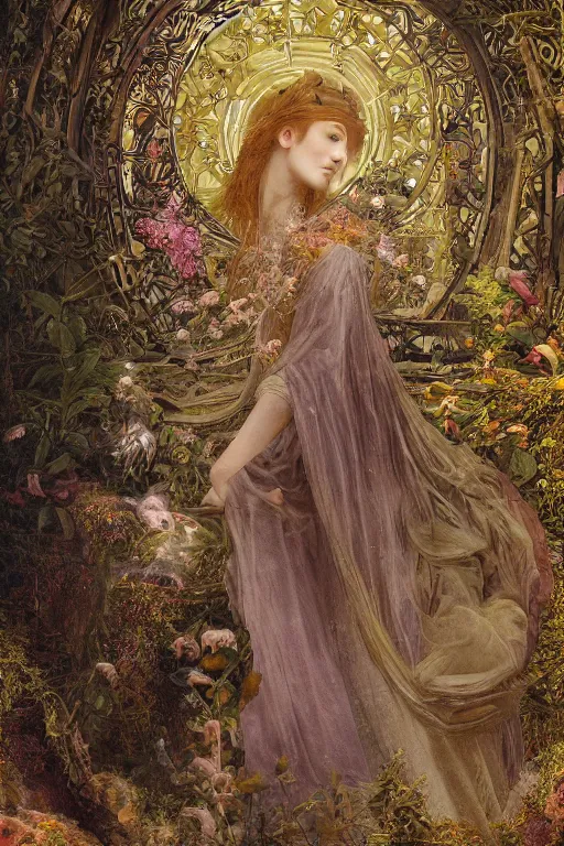 Image similar to elaborately hyperdetailed pre-raphaelite illustration of an extremely beautiful regal woman with an imponent crown, eerie mist and ethereal pink bubbles, Aetherpunk, atmospheric lighting, bright background, moonlight, high fantasy professionally painted digital art painting, smooth, sharp focus, highly detailed illustration highlights, backlight, golden ratio, 8K detail post-processing, symmetrical facial features, rich deep moody colors, award winning picture, Daily Deviation on DeviantArt, trending on cgsociety, featured on ArtstationHQ, very coherent symmetrical artwork, concept art