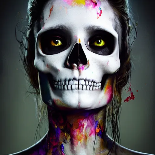 Image similar to full body pose, hyperrealistic mixed media painting of beautiful skull woman, dim volumetric lighting, 8 k, octane beautifully detailed render, extremely hyper detailed, intricate, epic composition, cinematic lighting, masterpiece, trending on artstation, very very detailed, masterpiece, stunning, hdr, smooth, sharp focus, high resolution, award, winning photo, dslr, 5 0 mm