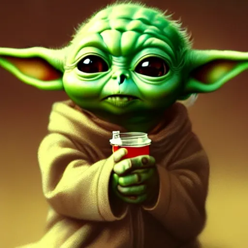 Image similar to Baby yoda drinking soda, highly detailed, digital painting, artstation, concept art, sharp focus, illustration, art by greg rutkowski and alphonse mucha