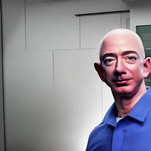 Image similar to 8k hyper realistic HDR photo of janitor with Jeff Bezos face