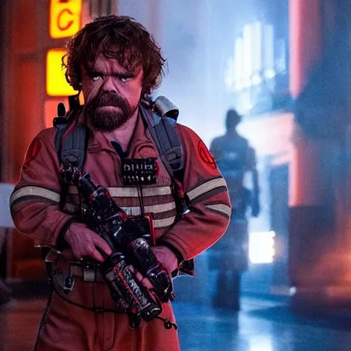 Image similar to stunning awe inspiring peter dinklage as a ghostbuster in the movie ghostbusters, movie still 8 k hdr atmospheric lighting