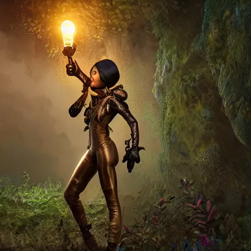 Image similar to golden ratio female earth mage, high quality character design, action pose : : spotlight, magicpunk, biopunk, forestpunk, forest, mushrooms, high detail, 8 k, oled, shadows, reflections, digital art, official art, octane render, dynamic camera angle, unreal engine, dollpunk