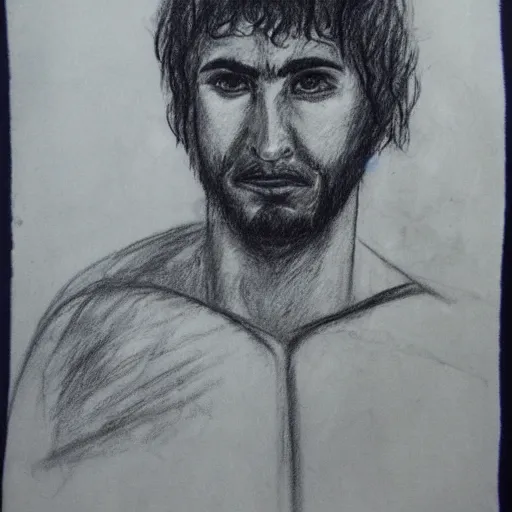 Prompt: 25 year old Mediterranean man, biblical clothing, scared, terrified, frightened, horrified, charcoal sketch