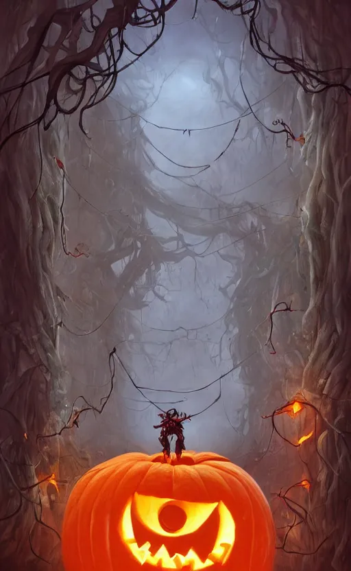 Image similar to fantasy monster concept art, a jack o lantern monster with vines for a body walking down a street of nightmares, dynamic lighting, photorealistic, trending on art station, stunning visuals, creative, cinematic, ultra detailed, atmospherical, ambient lighting, scary art, eery art