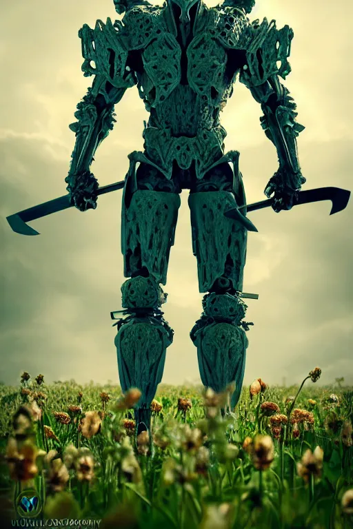 Prompt: neo - gothic giant muscular humanoid chimera, exoskeleton armor, holding katana, standing in a field of flowers, highly detailed smooth concept art masterpiece, vitaly bulgarov giger dramatic dark teal light, ground angle hd 8 k, sharp focus