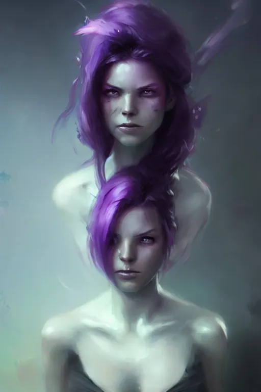 Prompt: character art by bastien lecouffe - deharme, young woman, purple hair, glowing purple eyes, 4 k, arstation, trending