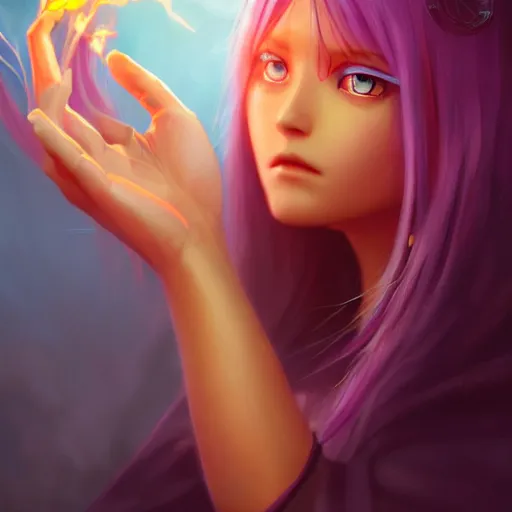 Prompt: rimuru tempest from tensura holding purple fire in her palm, with amber eyes of golden colored eyes, straight hair, sky blue hair, long bangs, concept art, award winning photography, digital painting, cinematic, wlop, 8 k, by ross tran, tom bagshaw