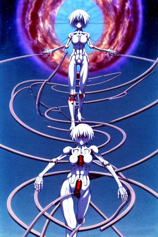 Prompt: female anime character rei ayanami cyborg in the center giygas epcotinside a space station eye of providence beksinski finnian vivid hr giger to eye hellscape mind character environmental