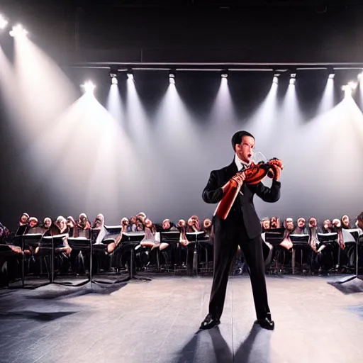 Prompt: violin soloist on stage in spotlight, dramatic, dynamic, photorealistic, studio lighting, 4 k, detailed,