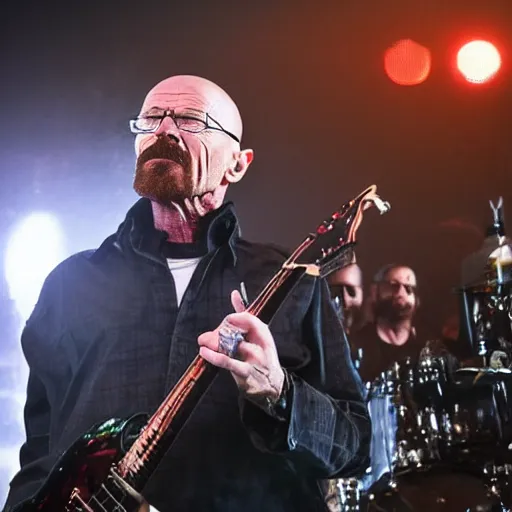 Prompt: Walter white performing a heavy metal concert, he plays drums, at night, large crowd, 8k