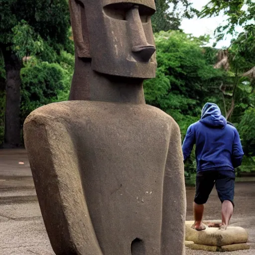 Prompt: man with a moai statue for a head doing a kickflip