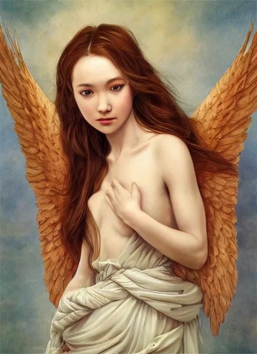 Image similar to a candid portrait of a female angel wrapped in cloth, her wings are fallen open by her side, in a roman castle, highly detailed, by tran nguyen and artgerm, warm colors