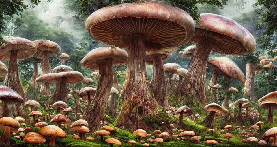 Image similar to A tribal village in a forest of giant mushrooms, by ARTGERM