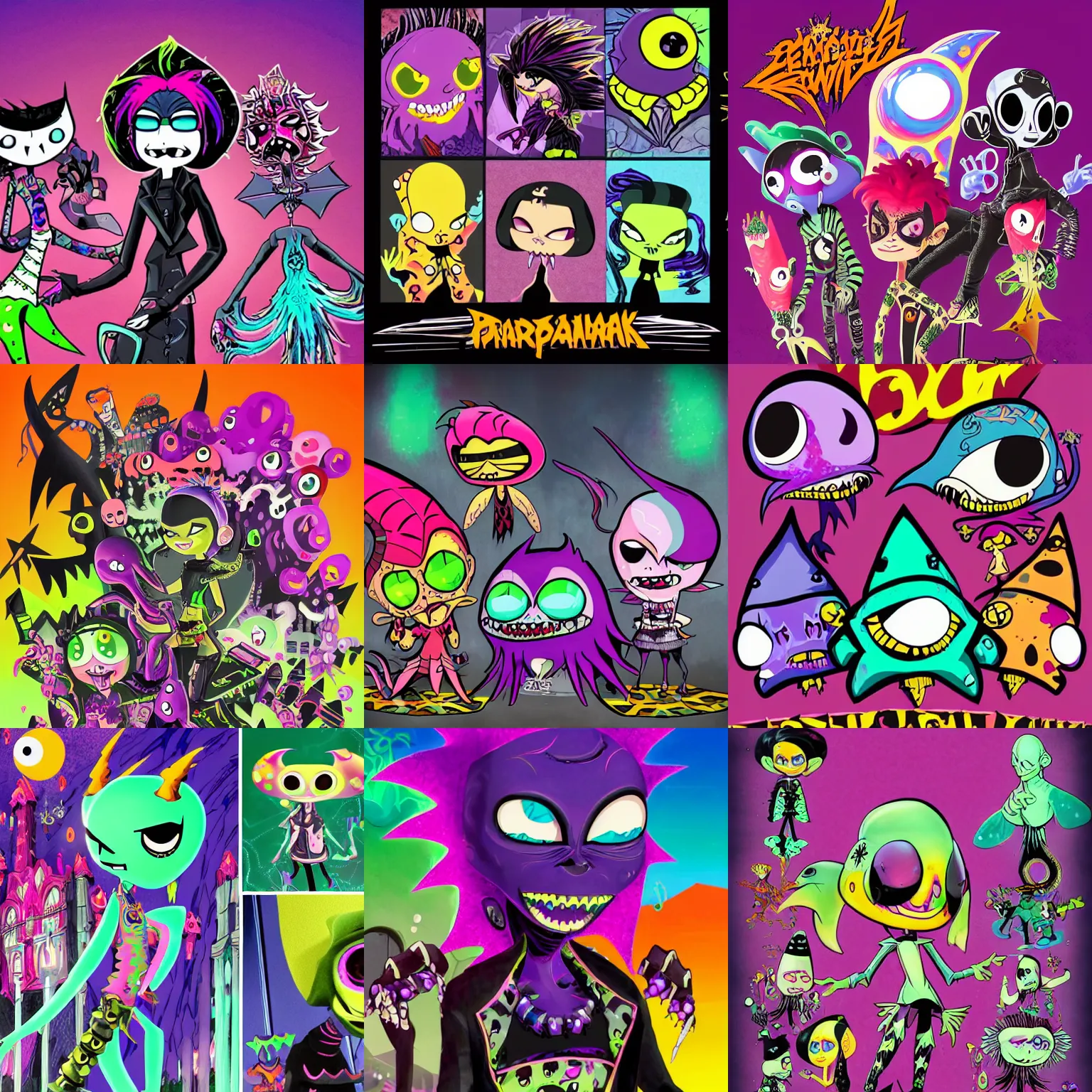 Prompt: lisa frank gothic punk vampiric rockstar vampire squid concept character designs of various shapes and sizes by genndy tartakovsky and splatoon by nintendo and the psychonauts by doublefine tim shafer artists for the new hotel transylvania film