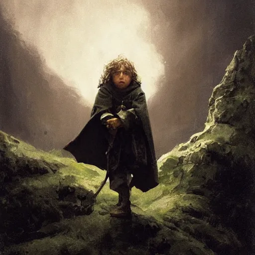 Image similar to portrait of small pale cowardly hobbit man wearing dark cloak, funny artwork, looking terrified, close shot, round face, fantasy artwork, dnd, looking sideways, high fantasy, by karl spitzweg, whimsical