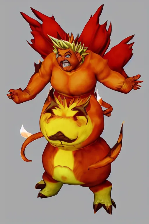 Image similar to 3 d render of guy fieri as a fire type pokemon, epic, detailed, stylized