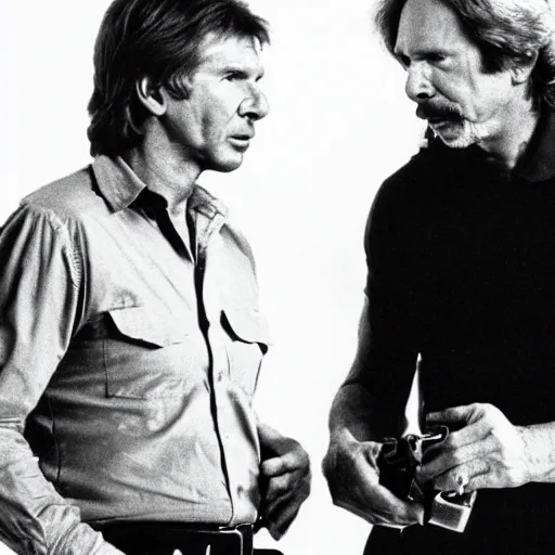 Image similar to movie still, 1 9 8 0 s, harrison ford and john carpenter talking