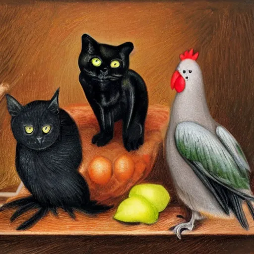 Image similar to black cat and two parrots and a hen