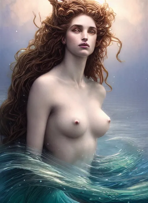 Image similar to goddess of the sea!! portrait of a seductive mermaid in underwater murky light, wind blown hair! fantasy esoteric, closeup, d & d, fantasy, intricate, elegant, highly detailed, digital painting, artstation, concept art, matte, sharp focus, illustration, art by artgerm and tom bagshaw and greg rutkowski and alphonse mucha