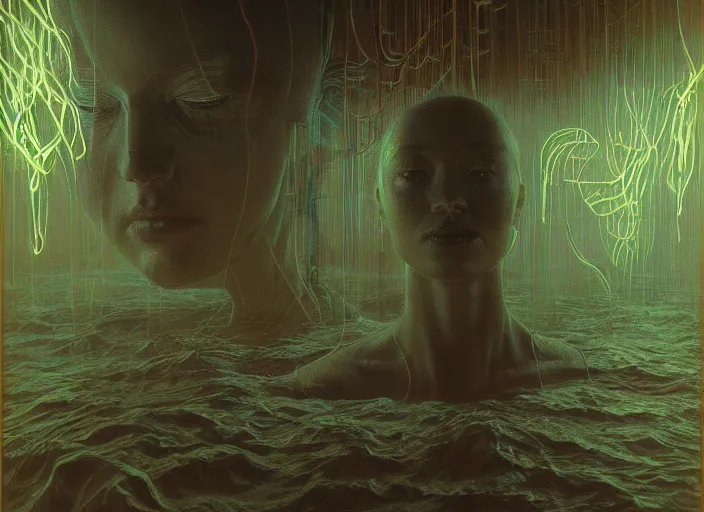 Image similar to face in water, neon, they are watching, RGB, glowing wires everywhere, pristine, by Edgar Maxence and Ross Tran, Zdzisław Beksiński, and Michael Whelan, distant, gustav dore, H.R. Giger, 8k, octane render