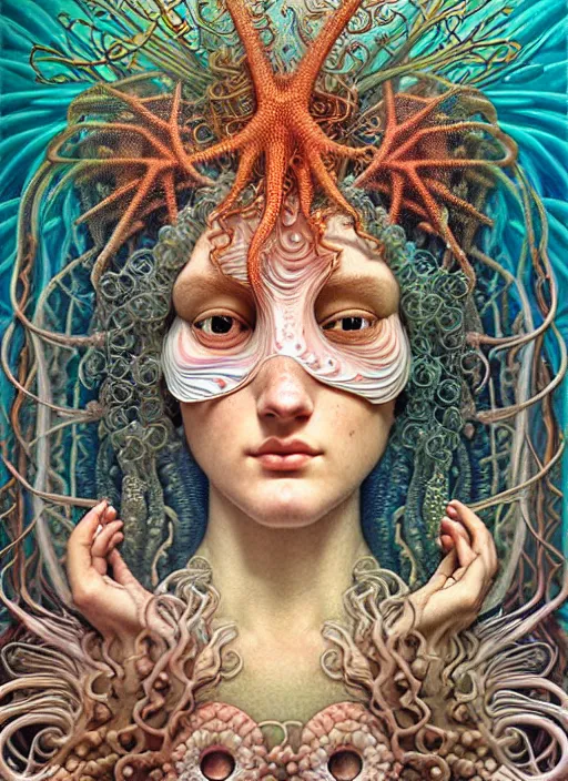 Image similar to hyperrealistic detailed underwater face portrait of the beautiful goddess of the jellyfish with an intricate headgear of corals, sea kelp, sea plants, fish, starfish, jellyfish, art by ernst haeckel, john william godward, android jones, alphonso mucha, gothic - cyberpunk, ornamental, beautiful deep colours,