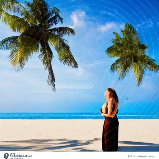 Prompt: violinist on the beach with palm trees blue sky tropical island on horizon