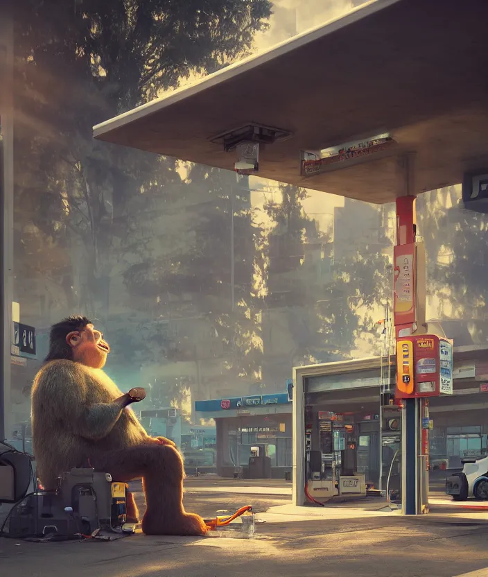 Image similar to a troll drinking gas from a gas station. fuel everywhere. high quality sharp focus, beautiful volumetric light. photograph by tooth wu, wlop, beeple, dan mumfor, octane render, artstation