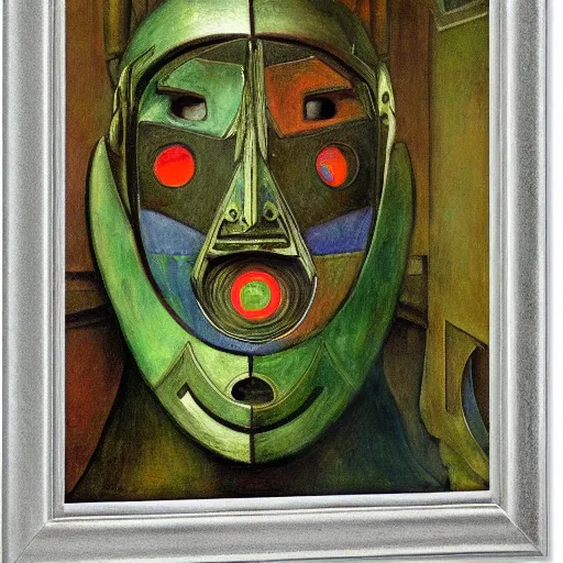 Image similar to the robot in her mechanical mask,by Annie Swynnerton and Diego Rivera, symbolist, dramatic lighting, elaborate geometric ornament, Art Brut, bioluminescent, soft blues and greens,smooth, sharp focus, extremely detailed, Adolf Wölfli