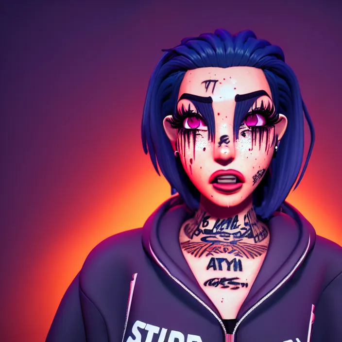 Image similar to a streetwear Studio Trigger style mixed woman wearing thick mascara, crying, a city on fire in the background, police lights shine on her face, tattoos, dark glitter, Cinestill 50d, 4k, 8k, hd, full color, octane render, trending on artstation, highly detailed