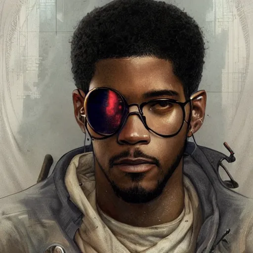 Image similar to scifi character portrait of Kid Cudi, dystopian mood, intricate, wild, highly detailed, digital painting, artstation, concept art, smooth, sharp focus, illustration, art by artgerm and greg rutkowski and alphonse mucha