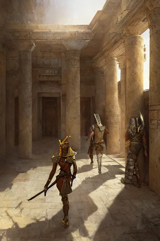 Image similar to a fantasy concept artwork depicting an armored ancient egyptian palace guard walking through the egyptian courtyard by anders zorn, craig mullins and greg rutkowski, beautiful cinematic light