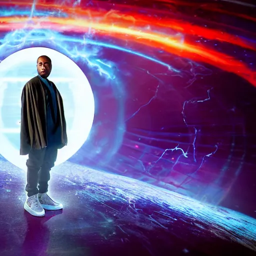 Image similar to a full body photograph of kanye west as'doctor who ', time vortex in the background, detailed face, symmetrical face, extreme realism and detail, 8 k, completely framed, direct lighting, 3 5 mm photo, photorealistic, sharp focus