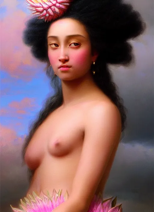 Image similar to stunning tahitian godess princess, detailed pink and white protea head peace against a black backdrop by ivan aivazovsky, 3 / 4 view portrait, wlop, super sharp details, photorealism, canon 5 d, 5 0 mm lens, stunning photoshot, beautiful soft lighting, muted colours, artstation