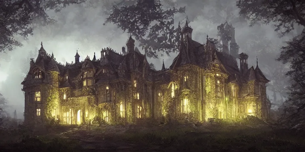 Image similar to beautiful render of a manor in the middle of the forest, unreal engine,, at night, medieval!!!!, green, dark blue!!!!, bright, artstation, detailled, manga!!!, fantasy!!!!!! by greg rutkowski