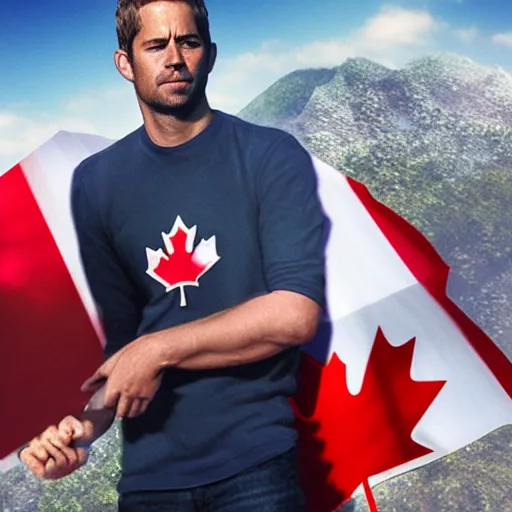 Prompt: Paul Walker holding a Canadian flag, Makoto Shinkai and thomas kinkade, Matte painting, trending on artstation and unreal engine