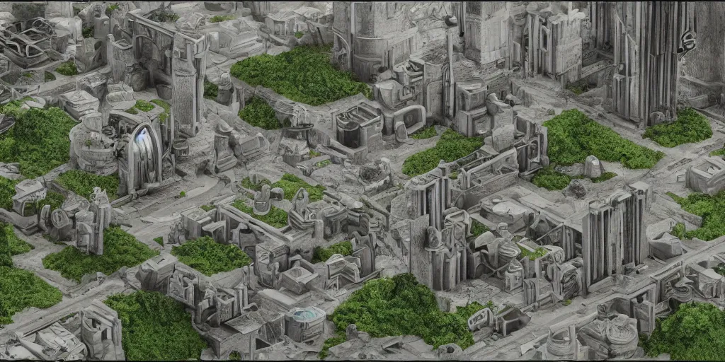 Prompt: solarpunk society living within the corpses of giants, detailed cities, ambient occlusion, landscape
