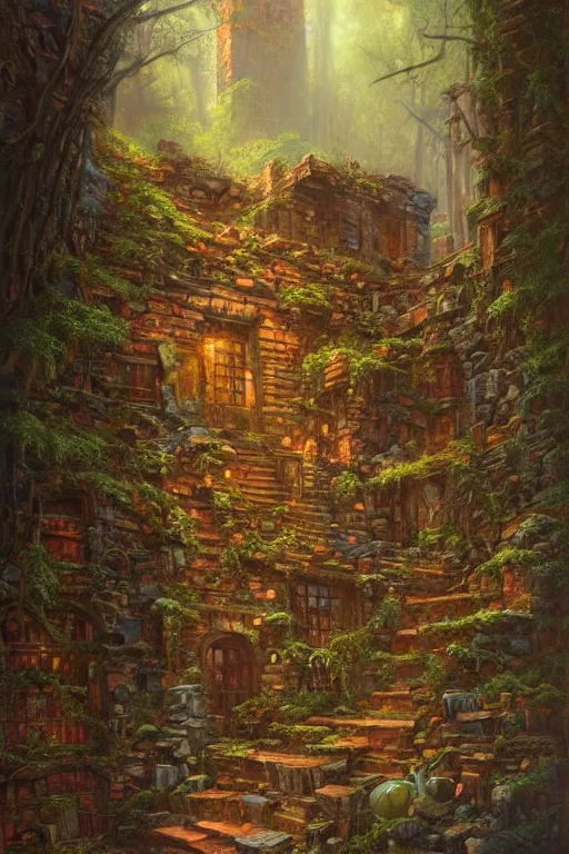 Image similar to (((((a ramshackle manhattan brick brownstone deep in the forest))))) by Justin Gerard!!!!!!!!!!!!!!!!!!!!!!!!!!!