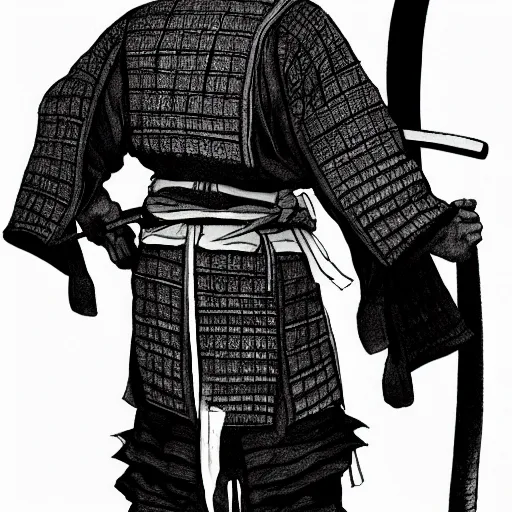 Image similar to A FULL BODY PORTRAIT FROM BEHIND OF A SAMURAI THAT HOLDS 2 KATANAS FROM VAGABOND, ,detailed, concept art, ink style , sketch black and white colors