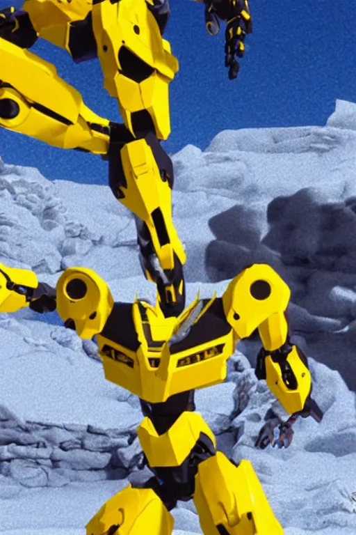 Image similar to a scene with a yellow intricate hard surface anime evangelion robot made of snow