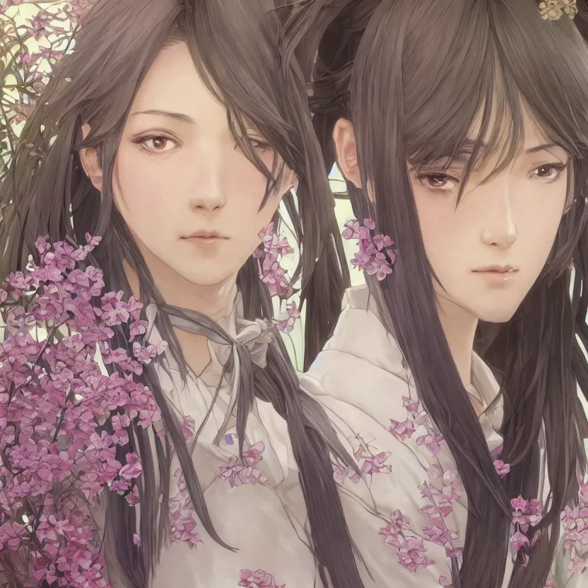 Image similar to front portrait of a girl walking, sakura tree in background, yukata clothing, battlefield in background, anime style, short hair, hair down, symmetrical facial features, from arknights, hyper realistic, 4 k, extreme detail, detailed drawing, trending artstation, realistic lighting, by alphonse mucha, greg rutkowski, sharp focus, backlit