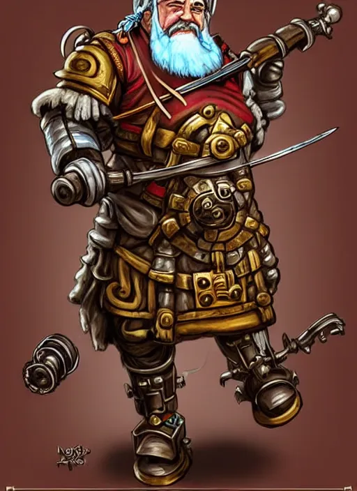 Prompt: a dwarf artificer holding a musket and a tall clockwork robot holding a sword, golem, steampunk, ming dynasty, chinese fantasy, dungeons and dragons, tabletop rpg, ghostblade, wlop.