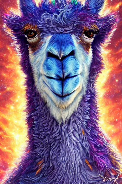 Prompt: beautiful oil painting with high detail of a llama made of stars and plasma, hybrid from dungeons and dragons and art direction by James Cameron ;by artgerm; wayne reynolds art station; cinematic quality character render; low angle; ultra high quality model; production quality cinema model, daily deviation, masterpiece anthro art, llama