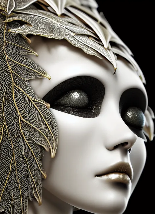 Image similar to bw contrasted close - up profile face, black background, beautiful young porcelain vegetal - dragon - cyborg - female, 1 5 0 mm, beautiful natural soft rim light, silver gold details, magnolia leaves and stems, roots, mandelbot fractal, elegant, ultra detailed, white metallic armour, octane render, h. r. giger style