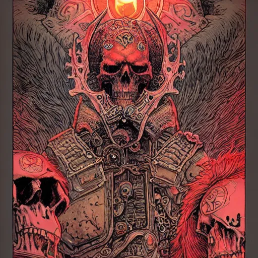 Image similar to blood for the bloodgod, skulls for the skullthrone, colored ink, moebius illustration art, key art