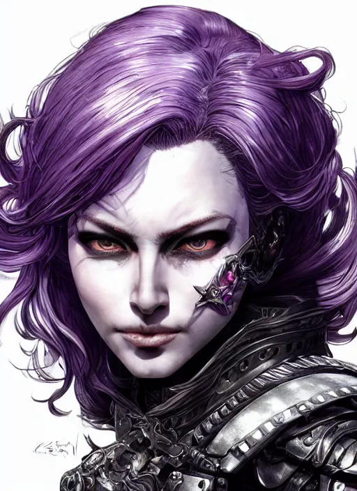 Image similar to close up portrait of a pale woman in leather armor with purple hair, powerful, domineering, stoic, masterful, intense, ultrafine hyperdetailed illustration by kim jung gi, irakli nadar, intricate linework, sharp focus, octopath traveler, yoji shinkawa, highly rendered, detailed, concept art