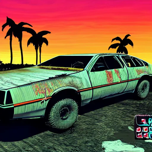 Image similar to wasteland hotline miami desert apocalypse car on fire wasteland war destroyed wide shot landscape nuke fire craters end of the world miami beach sunset palm trees 80s delorean unreal engine style