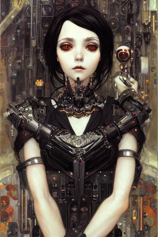 Image similar to portrait of beautiful young gothic maiden, cyberpunk, Warhammer, highly detailed, artstation, illustration, art by Gustav Klimt and Range Murata and Ilya Kuvshinov and Sakimichan